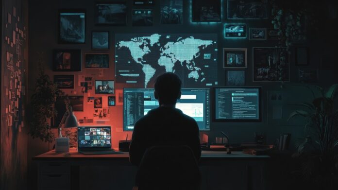 hacker working at night in a dark room