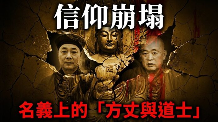 胡誠林與釋永信的信仰崩塌專題圖 一張合成影像,展示陝西省道教協會會長胡誠林與少林寺方丈釋永信的頭像,兩人身後是一尊裂開的佛像,象徵宗教信仰的崩塌,背景充滿沉重與破裂感。