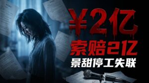 景甜代孕風波最新進展示意圖，憔悴女性剪影身陷飄落的合約文件中，巨大血紅色「￥2億」字樣象徵富豪索賠的天價和解費，斷裂麥克風暗示景甜停工失聯的困境。