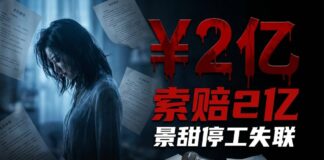 景甜代孕風波最新進展示意圖，憔悴女性剪影身陷飄落的合約文件中，巨大血紅色「￥2億」字樣象徵富豪索賠的天價和解費，斷裂麥克風暗示景甜停工失聯的困境。