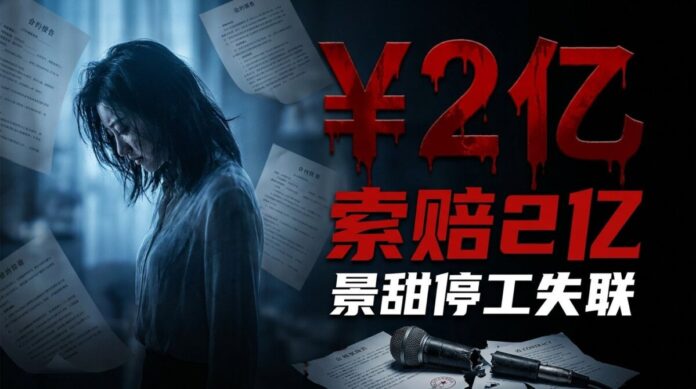 景甜停工失聯:富豪索賠2億和解費風暴示意圖 景甜代孕風波最新進展示意圖,憔悴女性剪影身陷飄落的合約文件中,巨大血紅色「¥2億」字樣象徵富豪索賠的天價和解費,斷裂麥克風暗示景甜停工失聯的困境。