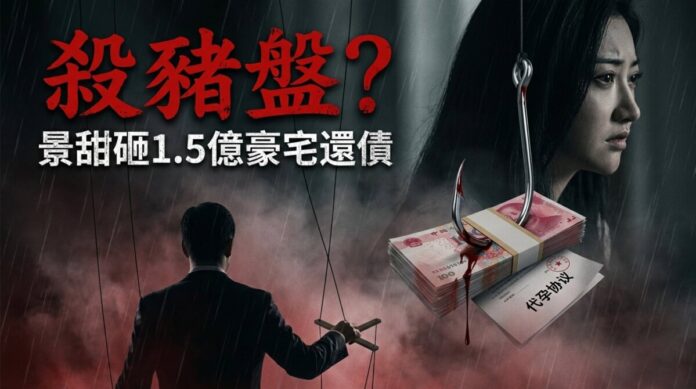 景甜代孕風暴:殺豬盤疑雲與1.5億豪宅還債示意圖 景甜代孕風波殺豬盤疑雲示意圖,血色釣魚鉤勾住人民幣鈔票與代孕協議文件,背景一位西裝男性背影手持懸絲傀儡操控線,景甜憂愁側臉立於陰雨中,象徵她疑似遭遇富豪男友精密設局,被迫變賣1.5億豪宅還債的困境。