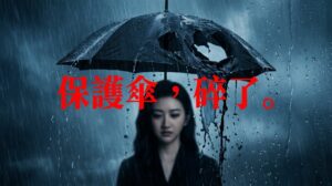 景甜演藝生涯深度報導視覺圖，一名女子在風雨中撐著一把破爛的黑色雨傘，象徵演藝明星失去背後權力保護傘後的形象崩塌與代孕風波。
