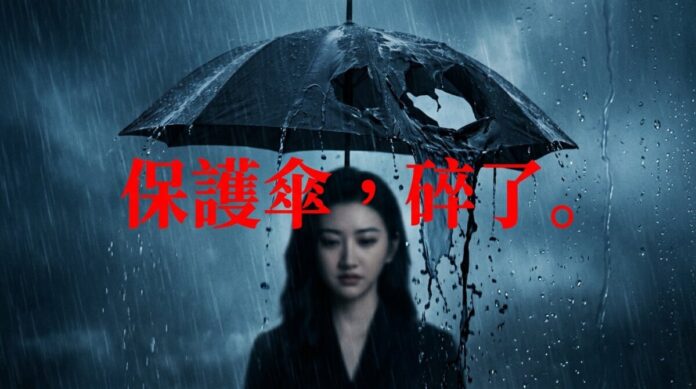 景甜代孕風波:權力保護傘崩塌示意圖 景甜演藝生涯深度報導視覺圖,一名女子在風雨中撐著一把破爛的黑色雨傘,象徵演藝明星失去背後權力保護傘後的形象崩塌與代孕風波。