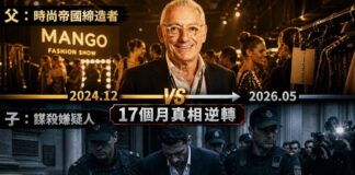 Mango創始人伊薩克·安迪奇生前出席時尚秀，與長子喬納森2026年5月被西班牙警方押解出庭畫面對比，17個月內案件從意外轉為謀殺指控。