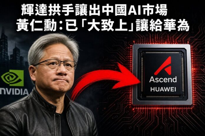 nvidia-china-ai-chip-market-huawei 輝達執行長黃仁勳與華為昇騰(Ascend)AI晶片示意圖,象徵輝達在中國市場退守,由華為補位。