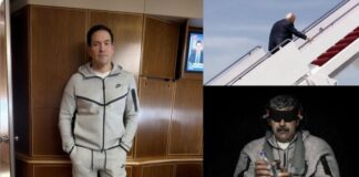 美國國務卿盧比歐身穿灰色Nike Tech運動服站在空軍一號機艙，右側對比委內瑞拉前總統馬杜洛被捕時的同款穿搭，川普揮手登機照置於右上。