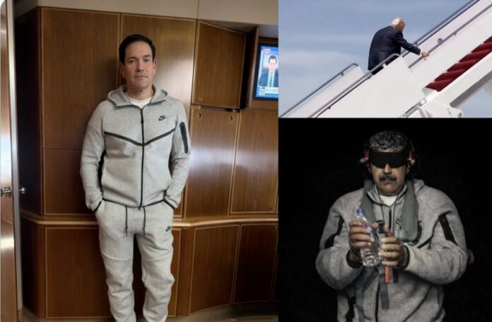 美國國務卿盧比歐身穿灰色Nike Tech運動服站在空軍一號機艙，右側對比委內瑞拉前總統馬杜洛被捕時的同款穿搭，川普揮手登機照置於右上。
