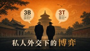 2026年5月特朗普與習近平在北京中南海茶敘，背景圖示涵蓋中美「3B」（波音、大豆、牛肉）貿易訴求與「3T」（台灣、科技、關稅）戰略紅線博弈。