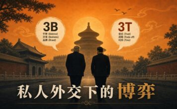 2026年5月特朗普與習近平在北京中南海茶敘，背景圖示涵蓋中美「3B」（波音、大豆、牛肉）貿易訴求與「3T」（台灣、科技、關稅）戰略紅線博弈。