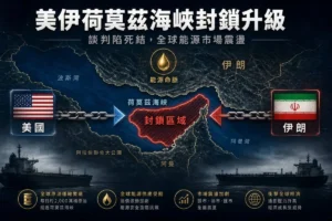 美伊僵局地圖，標示荷莫茲海峽遭封鎖區域與軍事衝突熱點，象徵全球原油與液化天然氣運輸中斷。