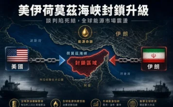 美伊僵局地圖，標示荷莫茲海峽遭封鎖區域與軍事衝突熱點，象徵全球原油與液化天然氣運輸中斷。