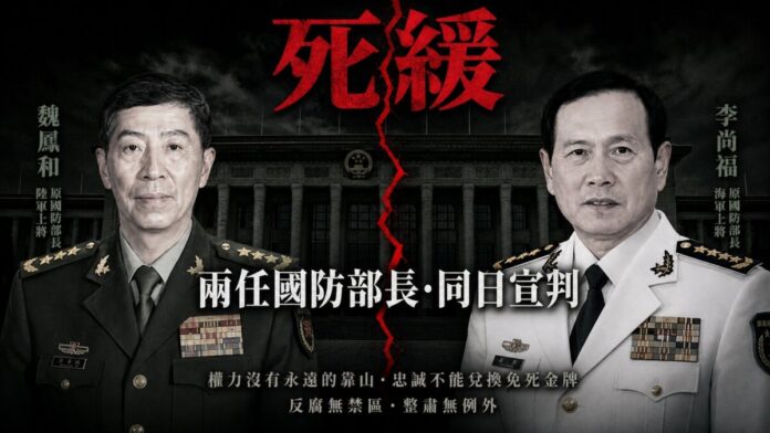 中共國防部長魏鳳和和李尚福2026年5約7日同日宣判死緩
