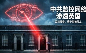 唐寧街10號上空浮現由電路與訊號構成的紅色監控之眼，眼中嵌中國五星，象徵中共監控網絡滲透英國
