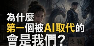 中國AI短劇失業潮示意圖：一名短劇女演員在AI生成的玄幻場景中流淚，手持「求職、短劇演員、月薪0元」紙牌，反映真人演員被AI取代的困境
