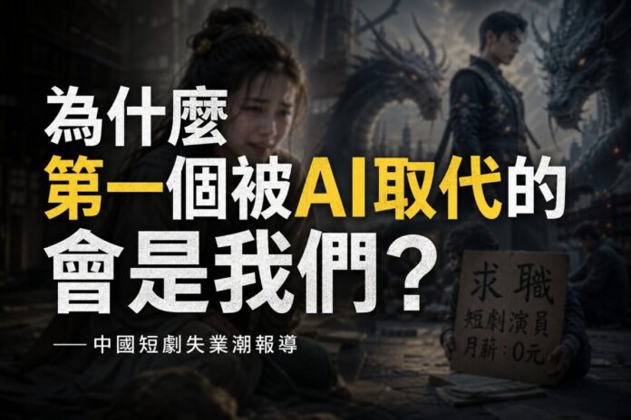 中國AI短劇失業潮示意圖：一名短劇女演員在AI生成的玄幻場景中流淚，手持「求職、短劇演員、月薪0元」紙牌，反映真人演員被AI取代的困境