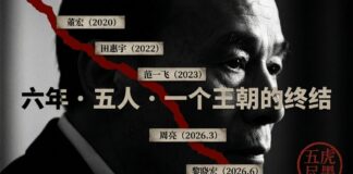 王岐山黑白肖像，红色裂痕贯穿，标注董宏、田惠宇、范一飞、周亮、黎晓宏五大亲信落马时间轴