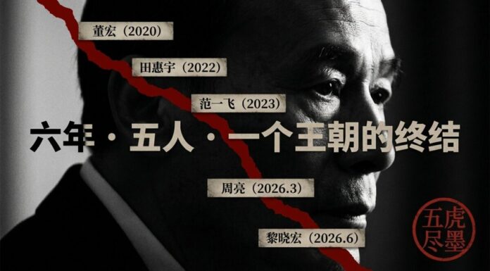 王岐山黑白肖像，红色裂痕贯穿，标注董宏、田惠宇、范一飞、周亮、黎晓宏五大亲信落马时间轴