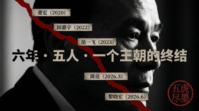 王岐山五大親信落馬時間軸:六年五人一個王朝的終結 王岐山黑白肖像,红色裂痕贯穿,标注董宏、田惠宇、范一飞、周亮、黎晓宏五大亲信落马时间轴