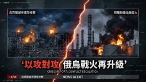 俄烏戰爭升級：左為烏克蘭城市遭俄軍空襲後建築起火、滿目瘡痍，右為俄羅斯煉油廠遭烏克蘭無人機襲擊冒出濃煙烈焰，中央以閃電裂痕分隔，象徵雙方以攻對攻。