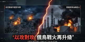 俄烏戰爭升級：左為烏克蘭城市遭俄軍空襲後建築起火、滿目瘡痍，右為俄羅斯煉油廠遭烏克蘭無人機襲擊冒出濃煙烈焰，中央以閃電裂痕分隔，象徵雙方以攻對攻。