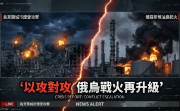 俄烏戰爭升級：左為烏克蘭城市遭俄軍空襲後建築起火、滿目瘡痍，右為俄羅斯煉油廠遭烏克蘭無人機襲擊冒出濃煙烈焰，中央以閃電裂痕分隔，象徵雙方以攻對攻。