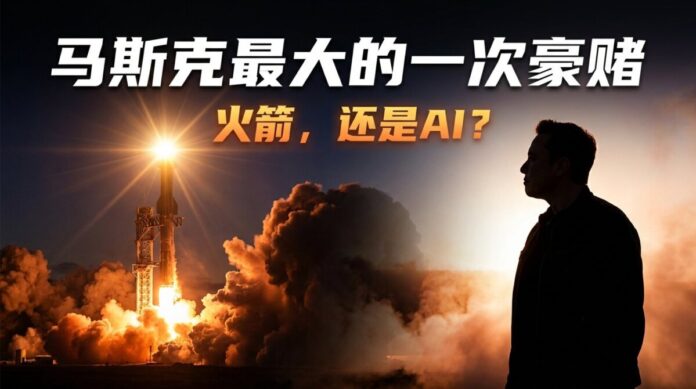 SpaceX星艦火箭在發射台點火升空，馬斯克剪影側身凝望，畫面文字寫著「馬斯克最大的一次豪賭：火箭，還是AI？」，象徵史上最大IPO上市分析
