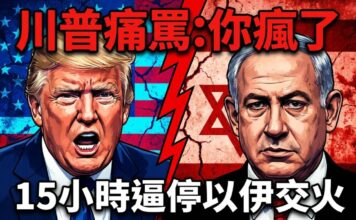 川普一通電話15小時逼停以伊交火!痛罵納坦雅胡「瘋了」內幕曝光 中東飛彈互射恐成新常態 川普與納坦雅胡分置左右的合成示意插畫,中間以紅色裂痕分隔,背景為美國國旗與以色列國旗,上方文字寫「川普痛罵:你瘋了」,下方寫「15小時逼停以伊交火」。