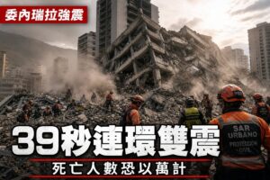 委內瑞拉強震後加拉加斯一棟大樓倒塌成廢墟，多名身穿橙色制服的搜救人員在瓦礫中搜尋生還者。