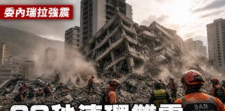 委內瑞拉強震後加拉加斯一棟大樓倒塌成廢墟，多名身穿橙色制服的搜救人員在瓦礫中搜尋生還者。