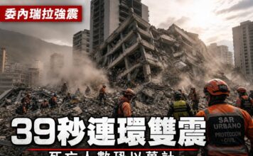 委內瑞拉強震後加拉加斯一棟大樓倒塌成廢墟，多名身穿橙色制服的搜救人員在瓦礫中搜尋生還者。