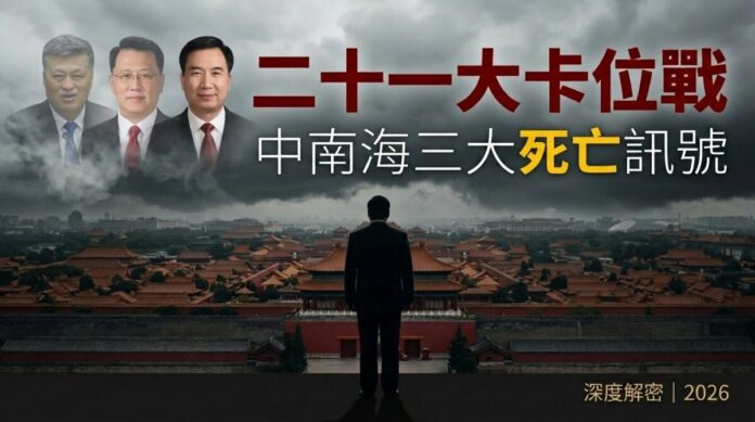 中共二十一大卡位戰：習近平背影面對紫禁城，左上方浮現李希、袁家軍、馬興瑞三人頭像，象徵中南海三大死亡訊號與權力重構