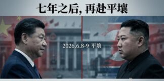 習近平與金正恩側臉對視，背景為中朝兩國國旗，中央標註「2026.6.8-9 平壤」，象徵習近平七年首次訪朝峰會
