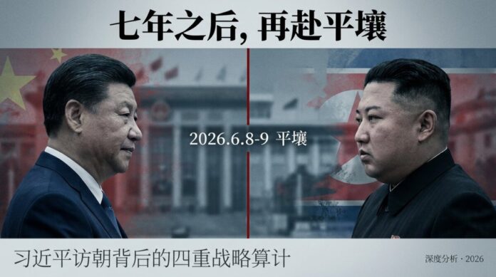 習近平與金正恩側臉對視，背景為中朝兩國國旗，中央標註「2026.6.8-9 平壤」，象徵習近平七年首次訪朝峰會