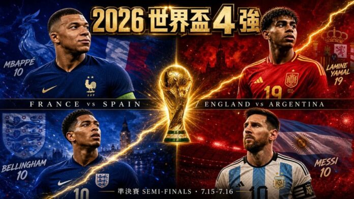 2026世界盃四強對戰主視覺：法國姆巴比對決西班牙拉明耶馬、英格蘭貝林漢迎戰阿根廷美斯，四大球星齊聚爭奪大力神盃，準決賽將於7月15日至16日在達拉斯與亞特蘭大展開。
