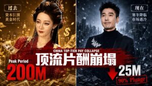 中國女星迪麗熱巴（左）與台灣男星趙又廷（右）示意圖，象徵中國演藝圈頂流片酬從2億人民幣暴跌至2500萬，跌幅9成