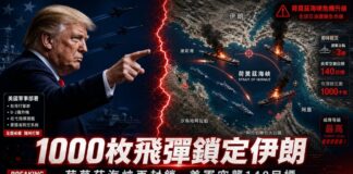 伊朗再封荷莫茲海峽、飛彈擊中貨船!美軍單夜空襲140目標 川普「1000枚飛彈瞄準伊朗」 新聞合成示意圖:左側為美國總統川普手指前方的畫面,上方有戰機編隊與軍艦;右側為荷莫茲海峽地圖,標示伊朗、阿曼、波斯灣位置,多艘貨船起火冒煙。圖面文字為「1000枚飛彈鎖定伊朗」「荷莫茲海峽再封鎖 美軍空襲140目標」,並有「即時戰況」「威脅等級最高」等資訊框與跑馬燈。