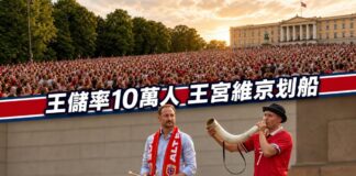 挪威王儲哈康身披紅色球迷圍巾、手持鼓棒，與吹奏維京號角的紅衣球迷同框，身後為奧斯陸王宮前逾10萬名身穿紅衫的挪威球迷，慶祝國家隊2026世界盃凱旋。