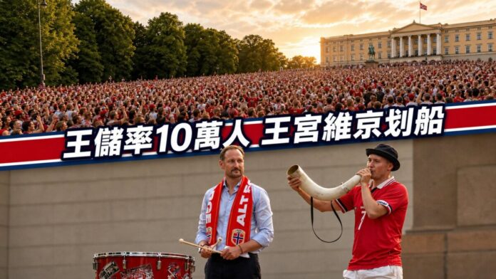 挪威王儲哈康身披紅色球迷圍巾、手持鼓棒，與吹奏維京號角的紅衣球迷同框，身後為奧斯陸王宮前逾10萬名身穿紅衫的挪威球迷，慶祝國家隊2026世界盃凱旋。
