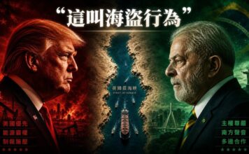川普與魯拉側臉對峙，中央為荷姆茲海峽油輪航道，標題「這叫海盜行為」，象徵美巴兩國對20%通行費的立場交鋒