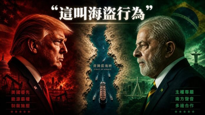 川普與魯拉側臉對峙，中央為荷姆茲海峽油輪航道，標題「這叫海盜行為」，象徵美巴兩國對20%通行費的立場交鋒