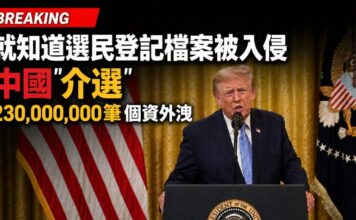 川普指控中共介入2020大選 宣稱美國選舉系統存「令人震驚漏洞」 美國總統川普在白宮東廳講台後方發表黃金時段演說,兩側為美國國旗,背景可見總統徽章,字幕顯示其指控選民登記檔案遭入侵。