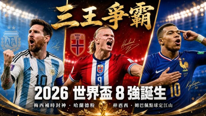 world-cup-2026-round-of-16-recap-quarterfinals-preview 2026世界盃三大巨星並列圖,左為阿根廷梅西身穿10號藍白條紋球衣揮拳慶祝,中為挪威哈蘭德身穿9號紅色球衣咆哮怒吼,右為法國姆巴佩身穿藍色球衣指向自己,頂部金色書法體標題「三王爭霸」